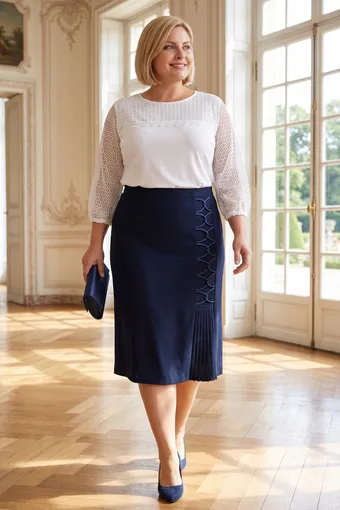 Tamnoplava suknja s ispreplitanjem i plisiranjem